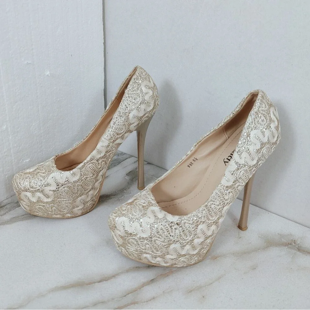 Mila Lady Fay Gold Cream Glitter Lace Platform Stiletto Heels, Sz 5.5